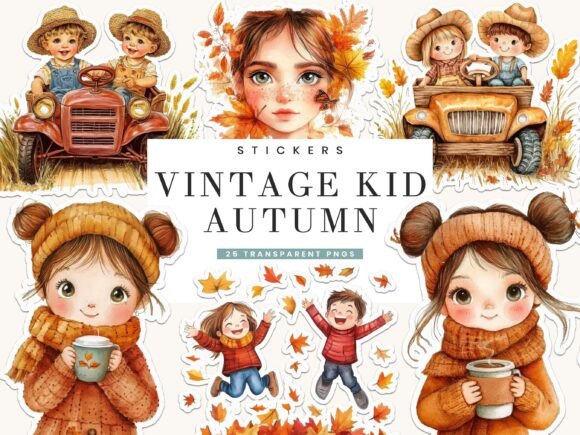 Download Vintage Autumn Kids Fussy Cut Stickers - Premium Resources